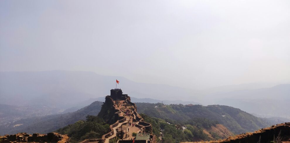 Spectacular scenery of famous Pratapgad Fort located in highland area on sunny day in Maharashtra